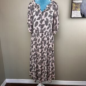 Carly Jean Maxi Dress M flutter Short Sleeves Tiered Peasant Cottage Core Beige